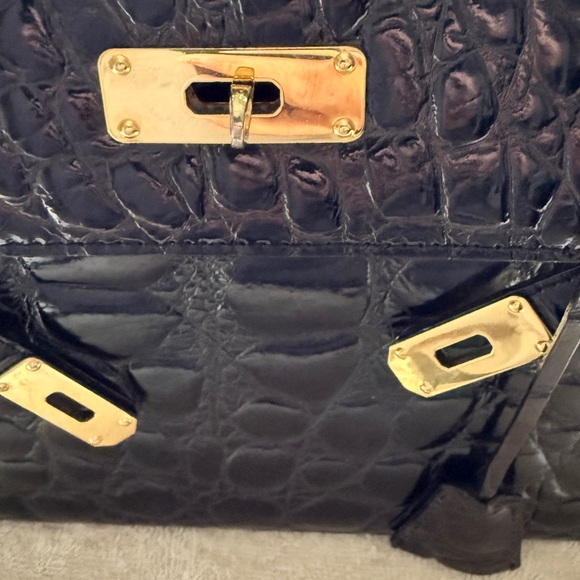 Black hand bag Hermes style in fake crocodile - Picture 3 of 11